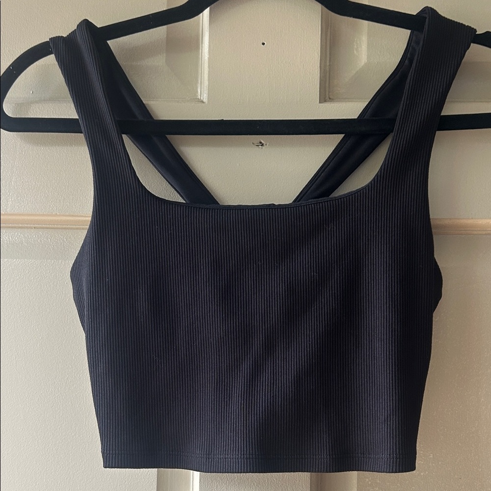 ALO Yoga Black Ribbed Square-Neck Crop Top